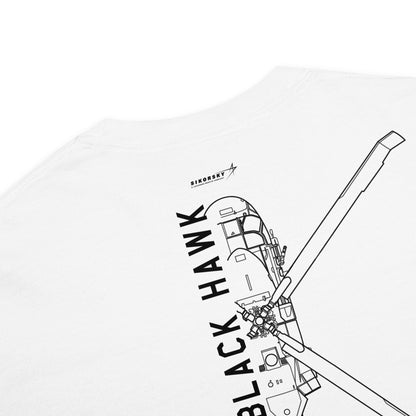 Hand-drawn technical schematic of the Sikorsky UH-60M Black Hawk military helicopter on a standard t-shirt.