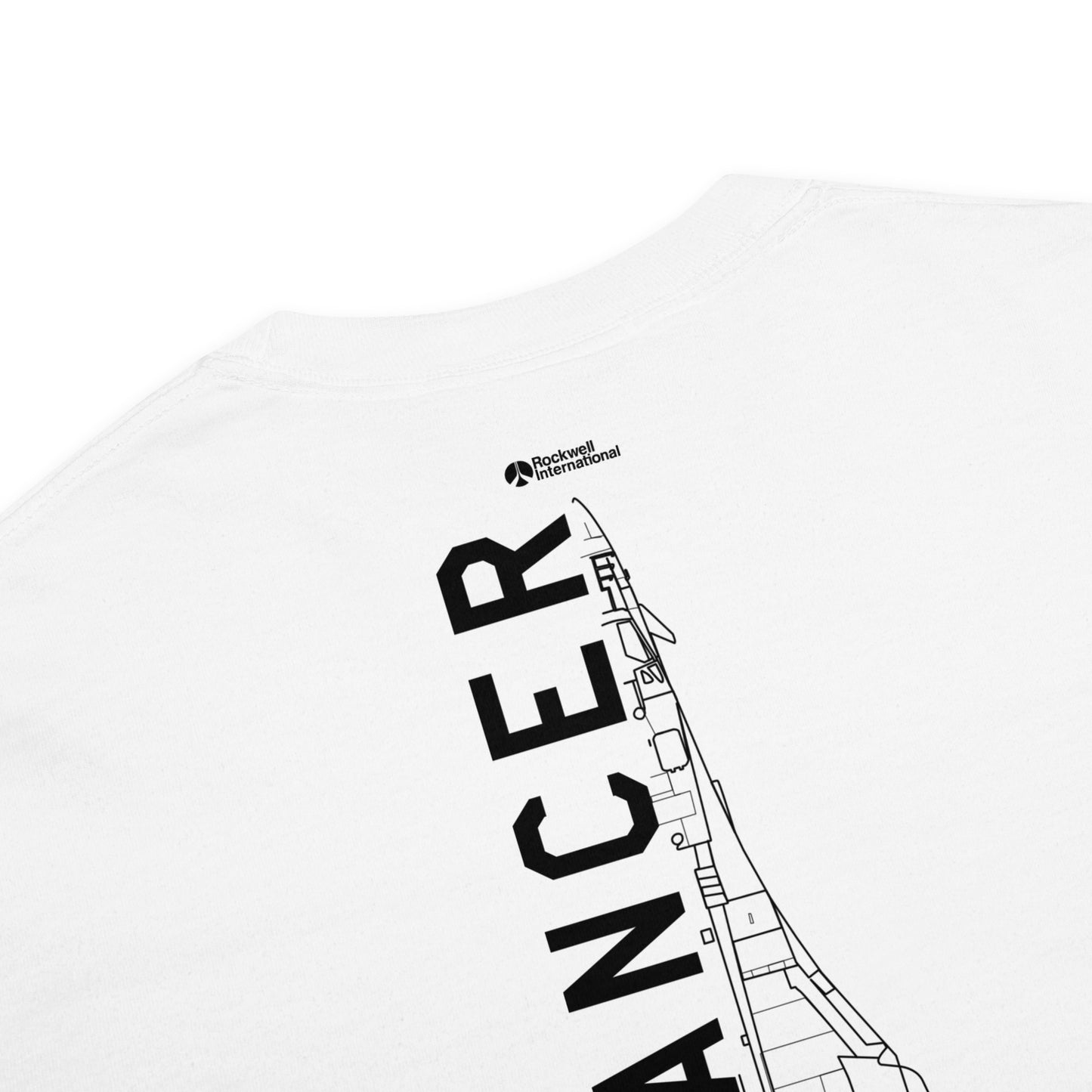 Hand-drawn technical schematic of the Rockwell B-1B Lancer BONE strategic bomber on a standard t-shirt.