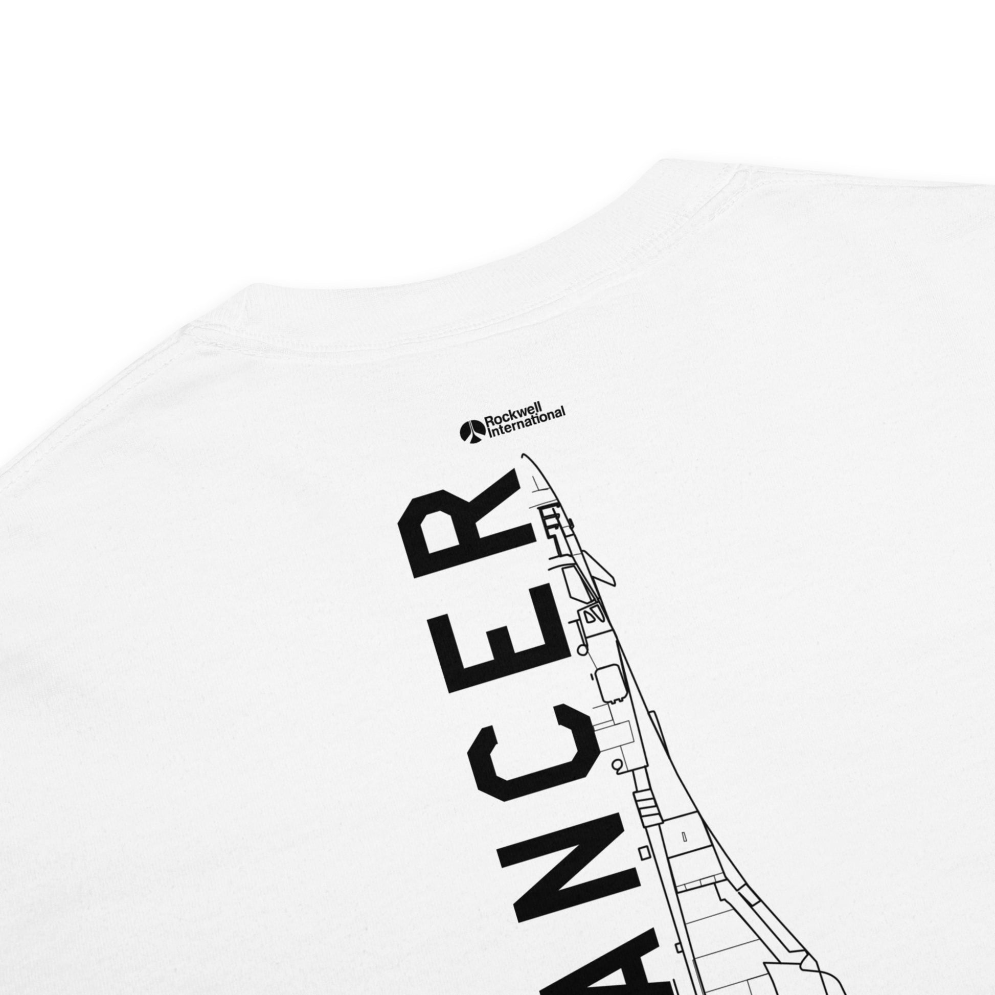 Hand-drawn technical schematic of the Rockwell B-1B Lancer BONE strategic bomber on a standard t-shirt.