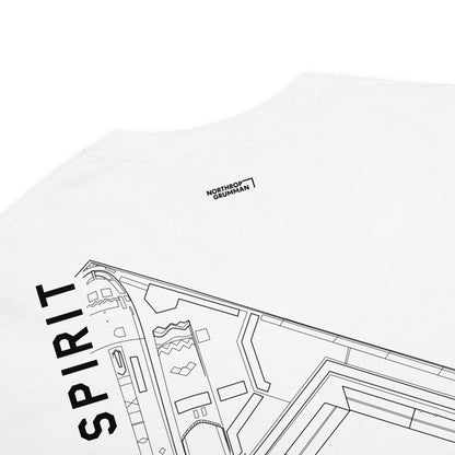 Hand-drawn technical schematic of the Northrop Grumman B-2 Spirit stealth bomber printed on a standard t-shirt.