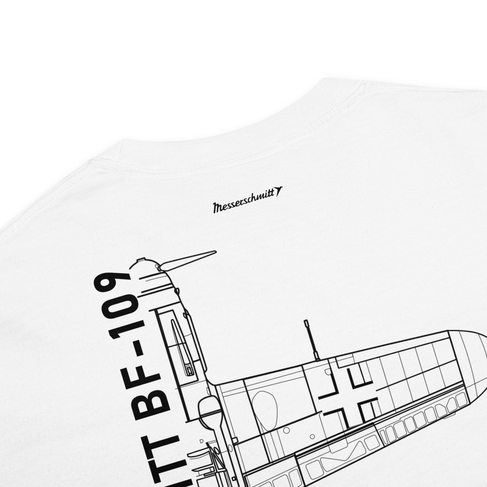 Hand-drawn schematic of the MESSERSCHMITT BF-109 printed on a standard T-shirt.