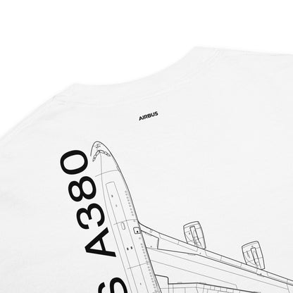 Hand-drawn schematic of the AIRBUS A380 SUPERJUMBO printed on a standard T-shirt.
