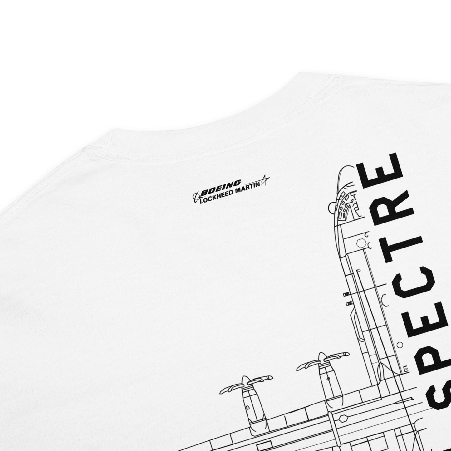 Hand-drawn schematic of the LOCKHEED MARTIN AC-130H SPECTRE GUNSHIP printed on a standard T-shirt.