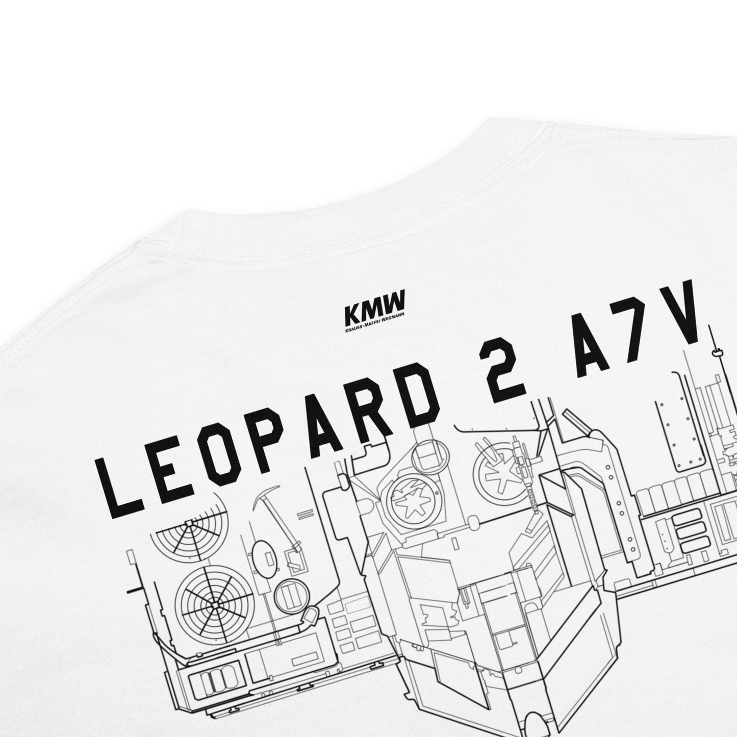 Hand-drawn schematic of the KRAUSS-MAFFEI LEOPARD 2 A7V TANK printed on a standard T-shirt.
