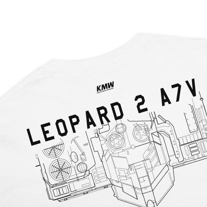 Hand-drawn schematic of the KRAUSS-MAFFEI LEOPARD 2 A7V TANK printed on a standard T-shirt.