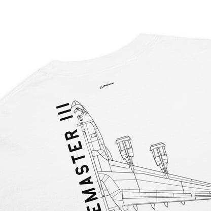 Hand-drawn schematic of the BOEING C-17 GLOBEMASTER III printed on a standard T-shirt.