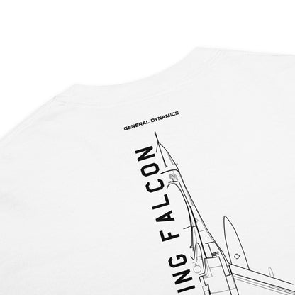 Hand-drawn schematic of the GENERAL DYNAMICS F-16C FIGHTING FALCON BLOCK 52 printed on a standard T-shirt.