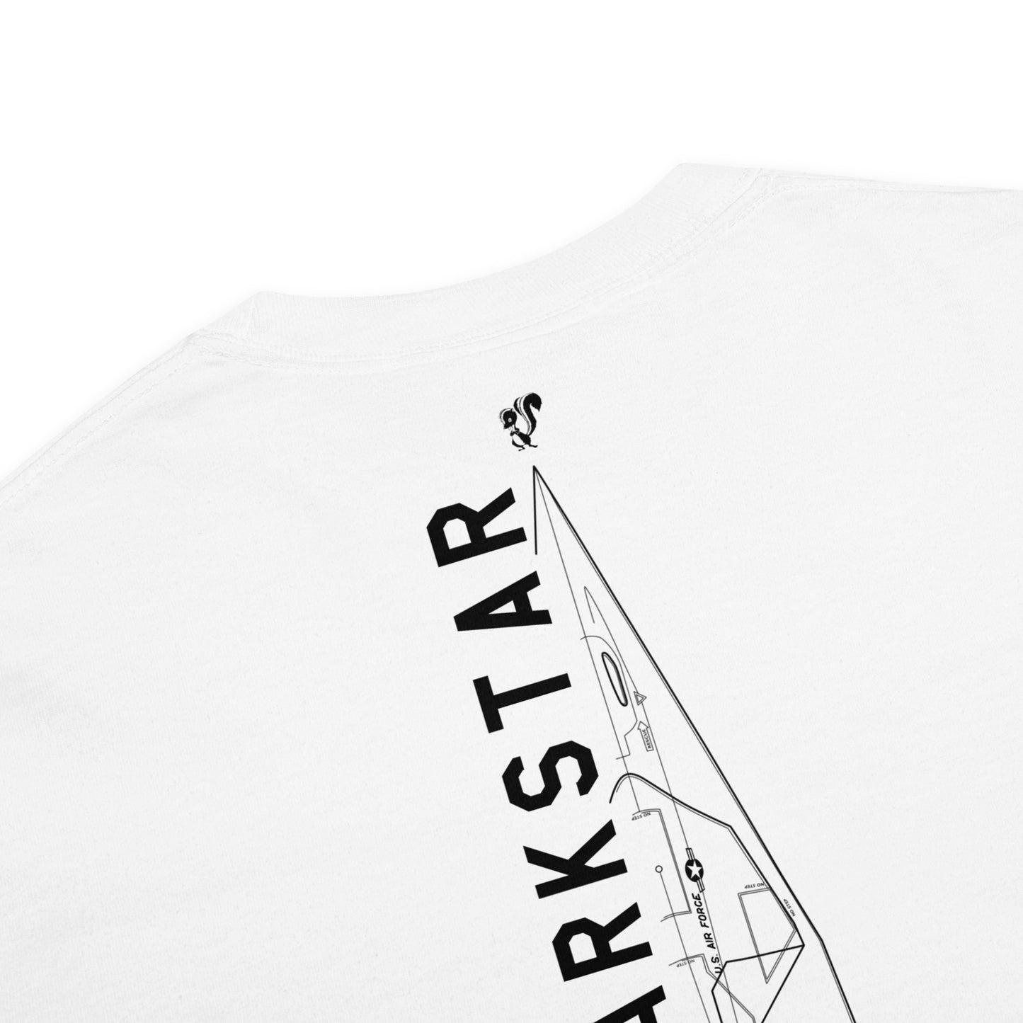 Hand-drawn schematic of the LOCKHEED MARTIN SKUNK WORKS SR-72 DARKSTAR printed on a standard T-shirt.