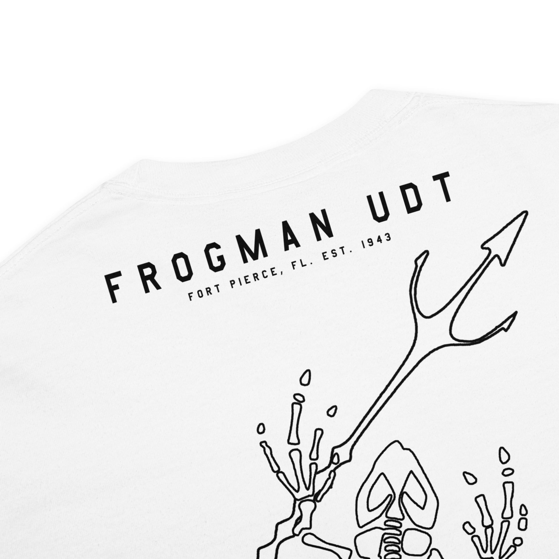 Hand-drawn schematic of the US NAVY UNDERWATER DEMOLITION TEAM UDT printed on a standard T-shirt.