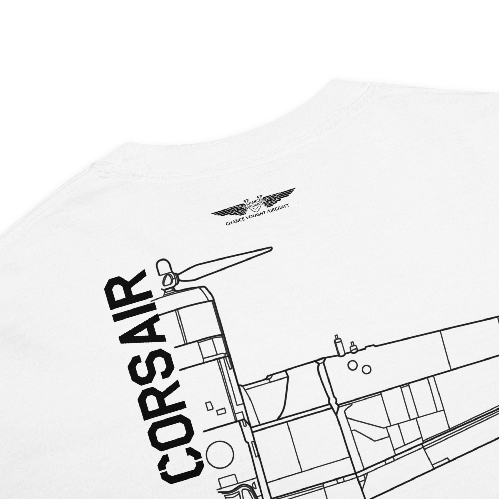 VOUGHT F4U CORSAIR - US NAVY WWII PACIFIC THEATRE FIGHTER — hand-drawn artwork printed on standard T-shirt; US Navy, Pacific Theatre.