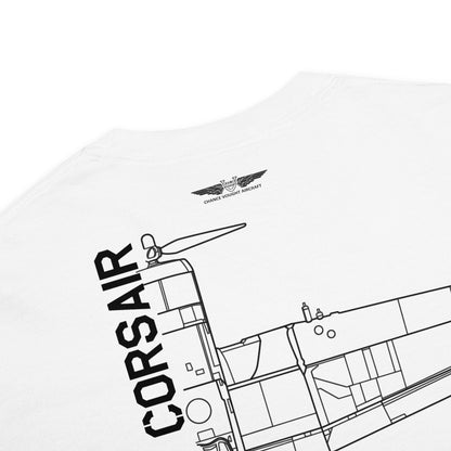 VOUGHT F4U CORSAIR - US NAVY WWII PACIFIC THEATRE FIGHTER — hand-drawn artwork printed on standard T-shirt; US Navy, Pacific Theatre.