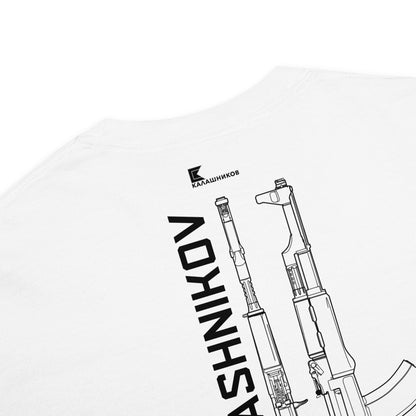 Hand-drawn schematic of the AK-47 KALASHNIKOV RIFLE printed on a standard T-shirt.