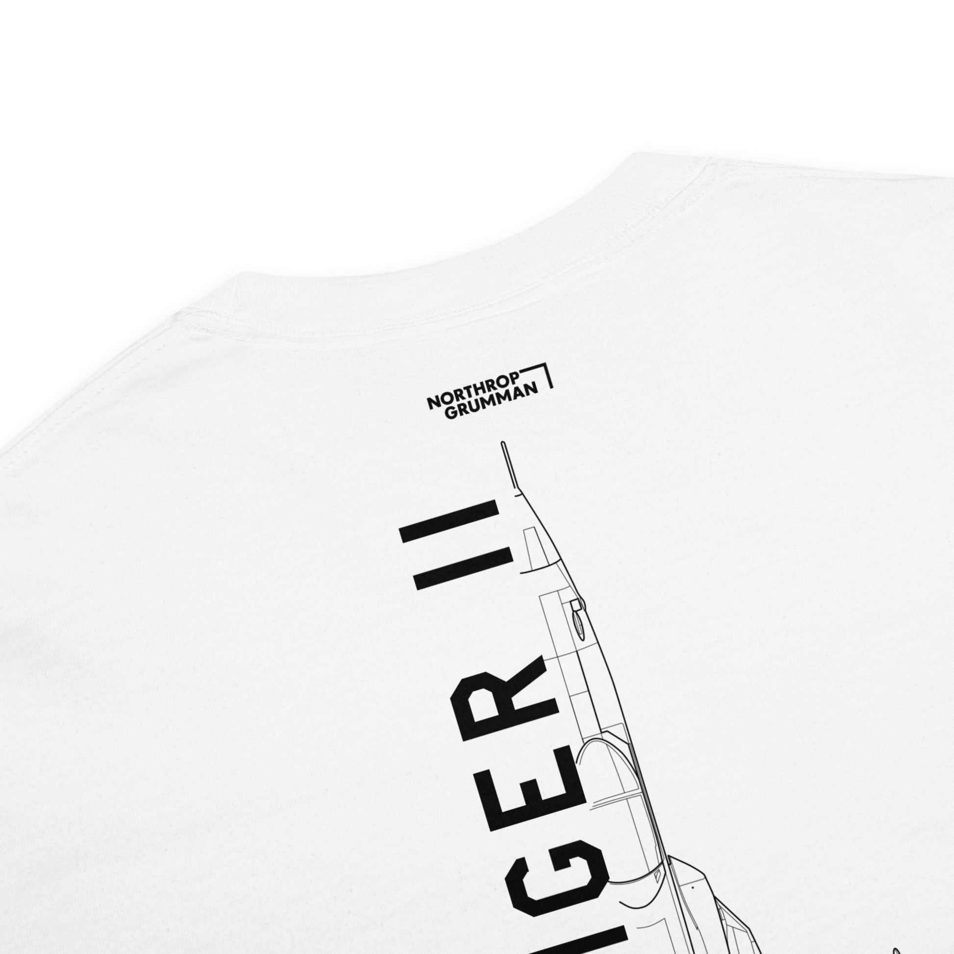 Hand-drawn technical schematic of the Northrop F-5E Tiger II Cold War fighter jet printed on a standard t-shirt.