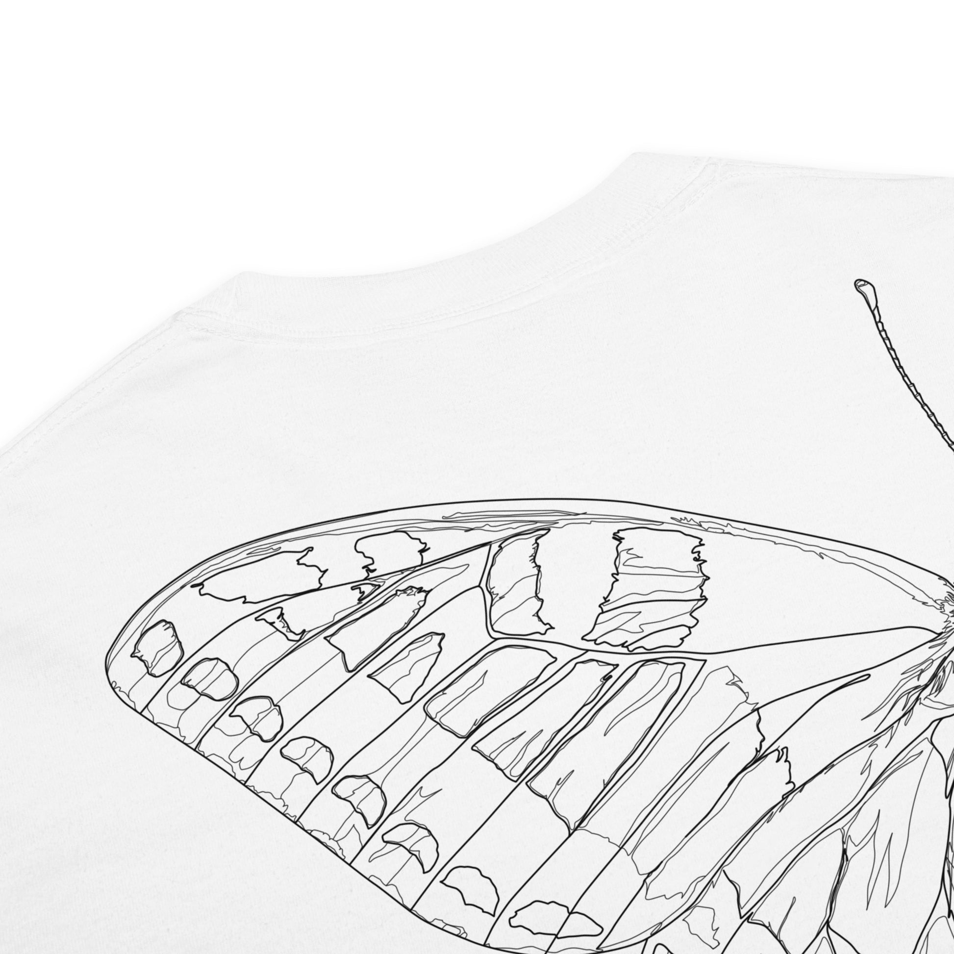 Hand-drawn schematic of the PAPILIO MACHAON OLD WORLD SWALLOWTAIL BUTTERFLY printed on a standard T-shirt.