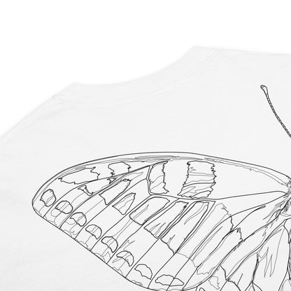 Hand-drawn schematic of the PAPILIO MACHAON OLD WORLD SWALLOWTAIL BUTTERFLY printed on a standard T-shirt.