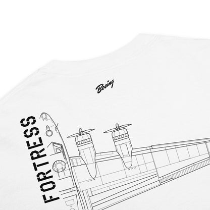 Hand-drawn schematic of the BOEING B-17G FLYING FORTRESS printed on a standard T-shirt.
