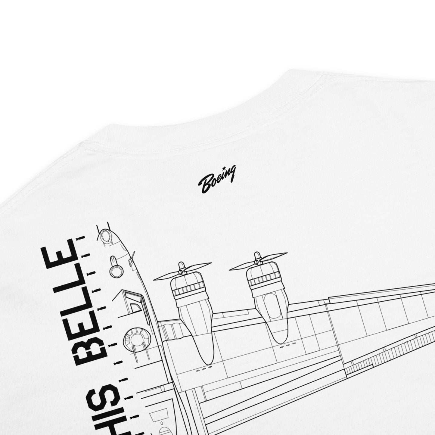 Hand-drawn schematic of the BOEING B-17F FLYING FORTRESS - Memphis Belle Edition printed on a standard T-shirt.
