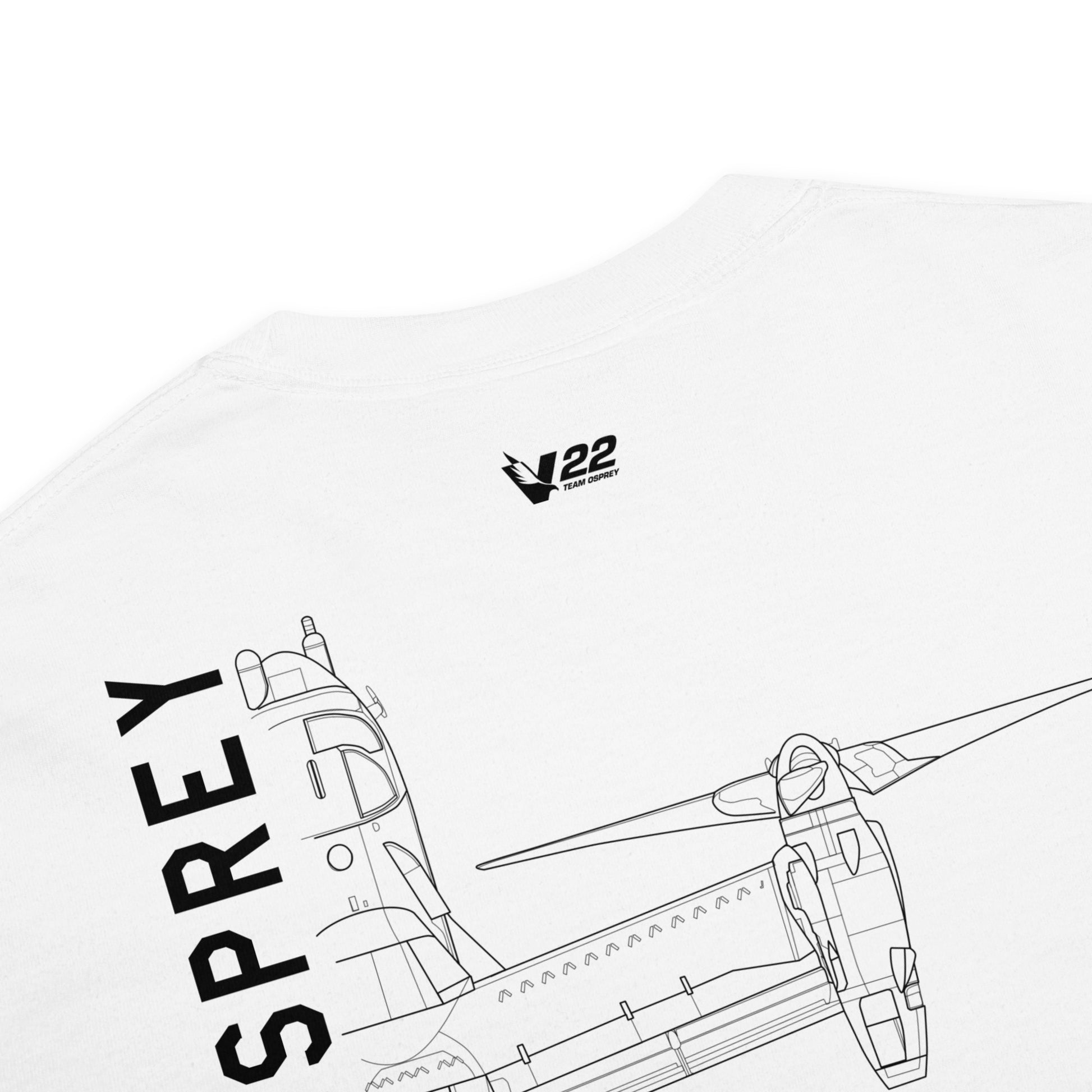 Hand-drawn schematic of the BELL BOEING MV-22 OSPREY printed on a standard T-shirt.