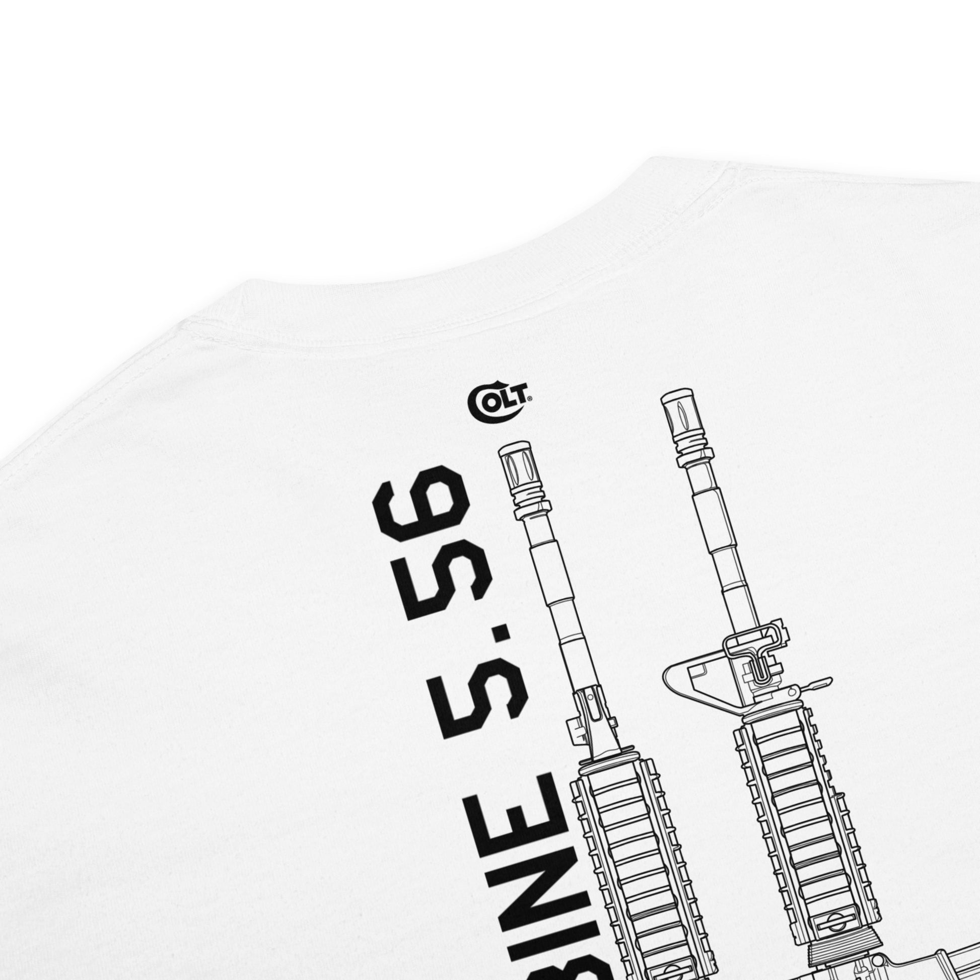 Hand-drawn technical schematic of the Colt M4A1 US Infantry battle rifle printed on a standard t-shirt.