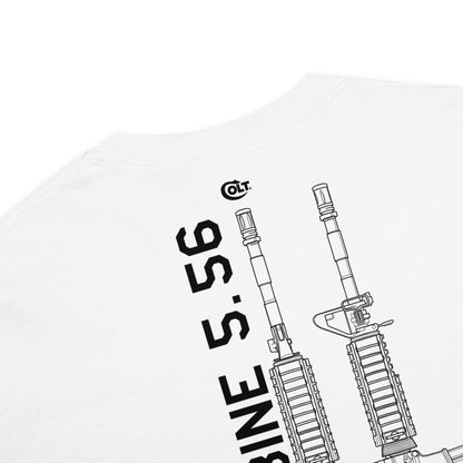 Hand-drawn technical schematic of the Colt M4A1 US Infantry battle rifle printed on a standard t-shirt.