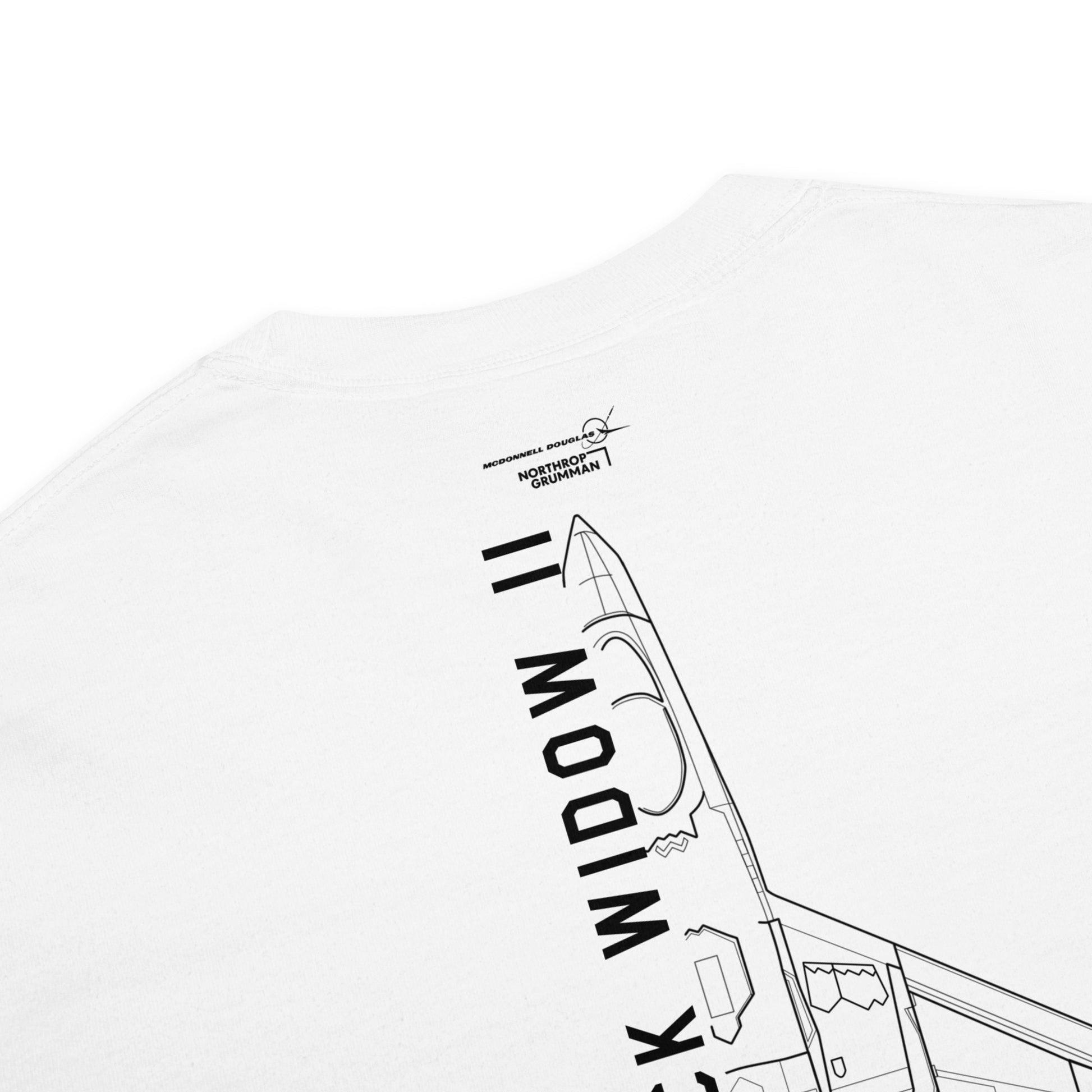 Hand-drawn schematic of the Northrop YF-23 Black Widow II stealth prototype fighter printed on a standard t-shirt.