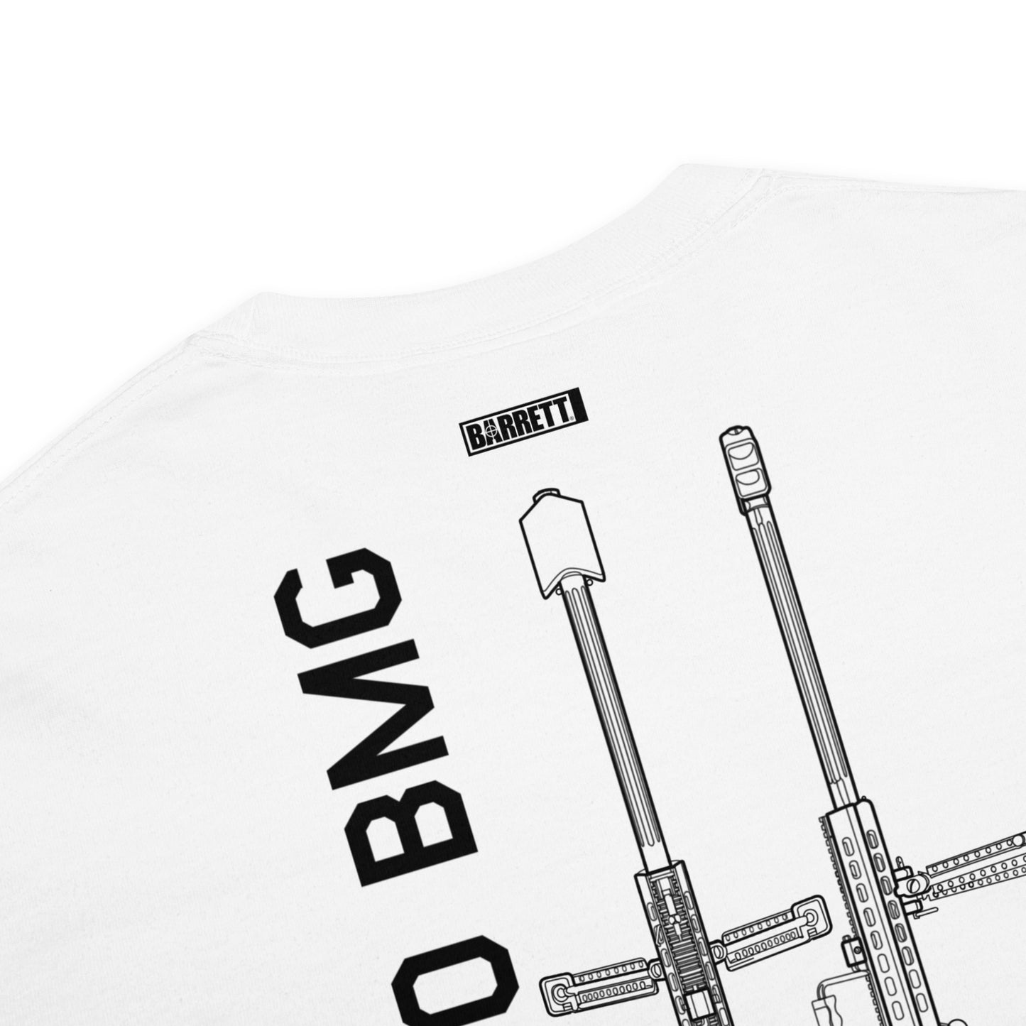 Hand-drawn schematic of the BARRETT M82A1.50 BMG printed on a standard T-shirt.