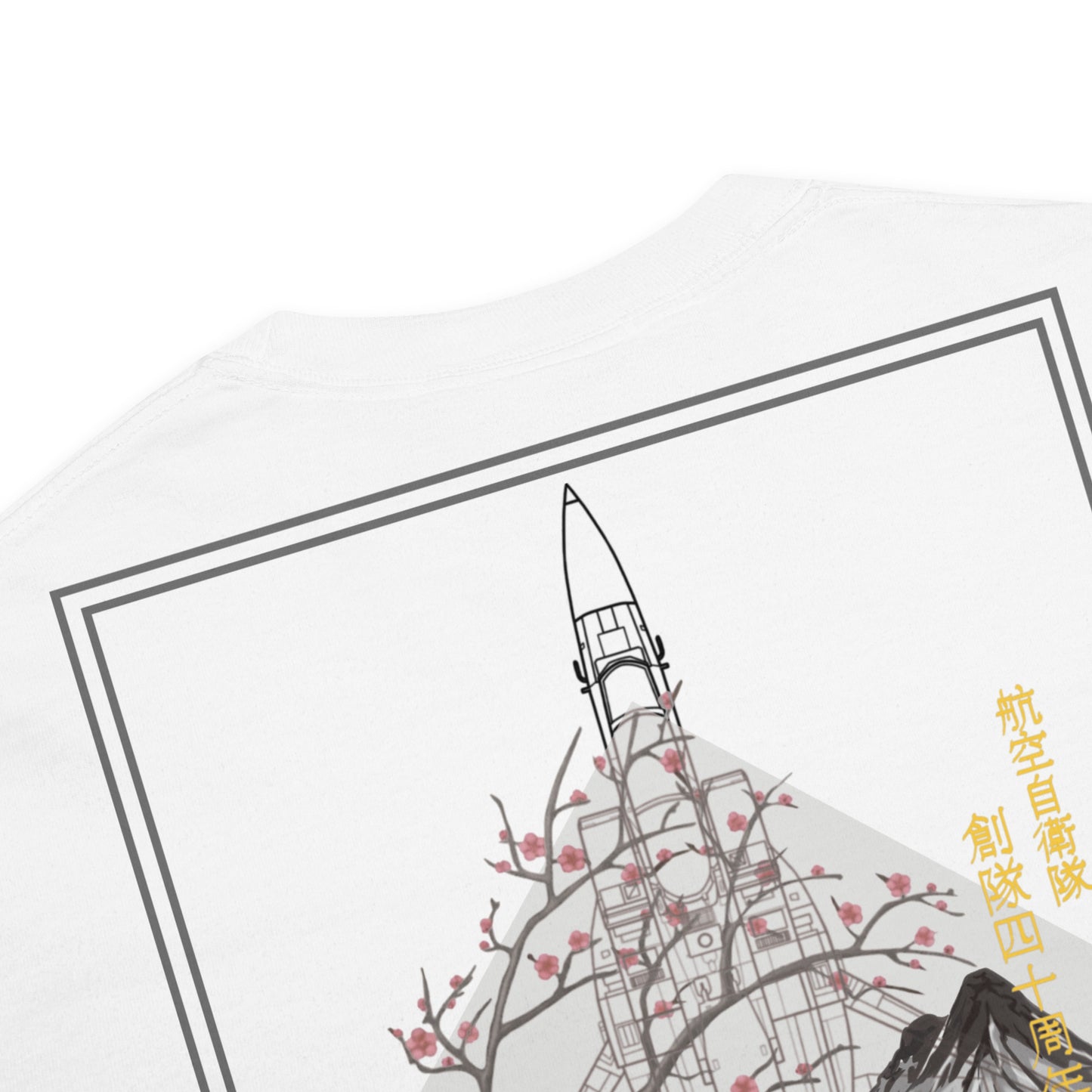 Hand-drawn schematic of the Mitsubishi F-15J Eagle 305th Tactical Fighter Squadron 50 Years livery on a standard t-shirt.