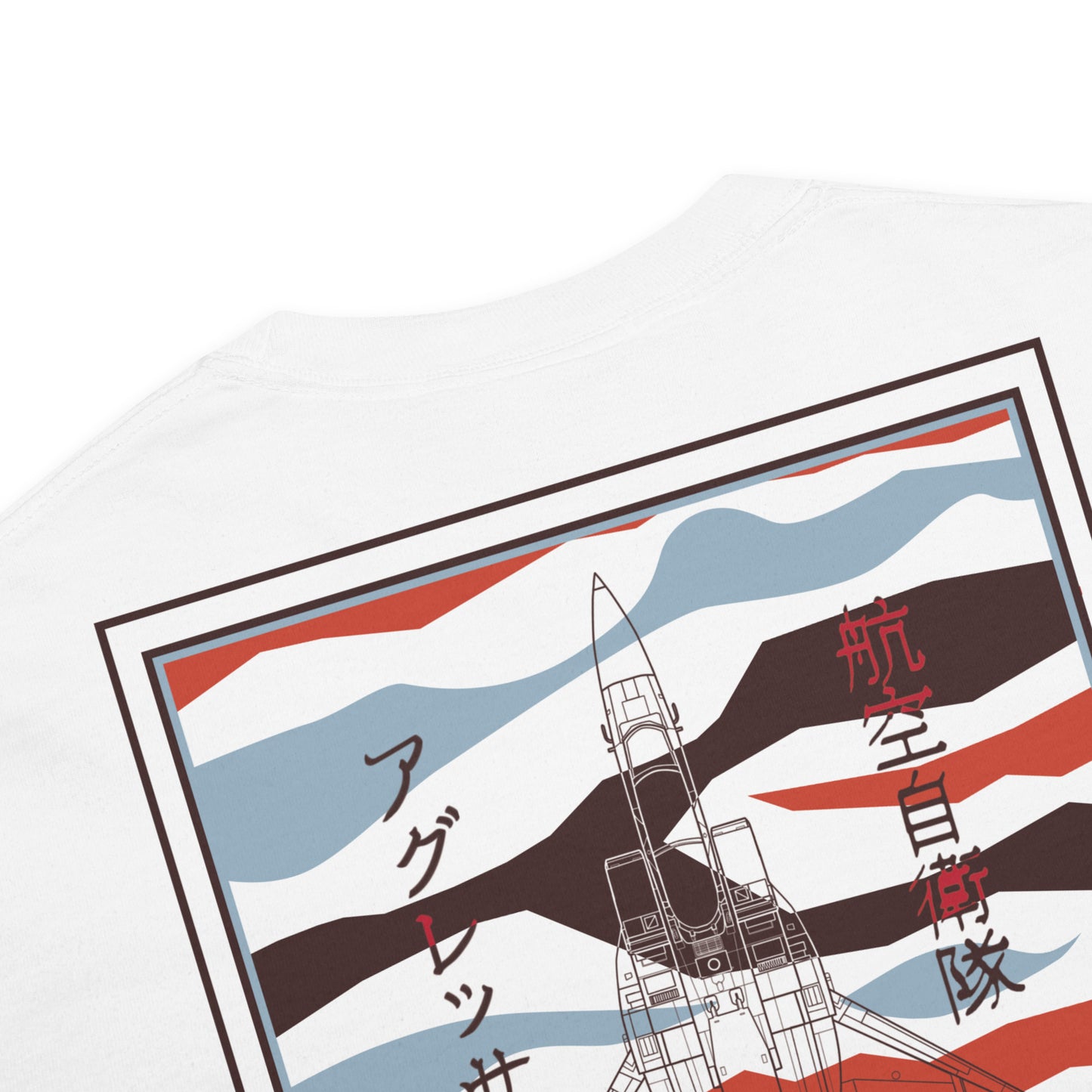 Hand-drawn schematic of the Mitsubishi F-15DJ Eagle Aggressor Minokasago Lionfish livery printed on a standard t-shirt.