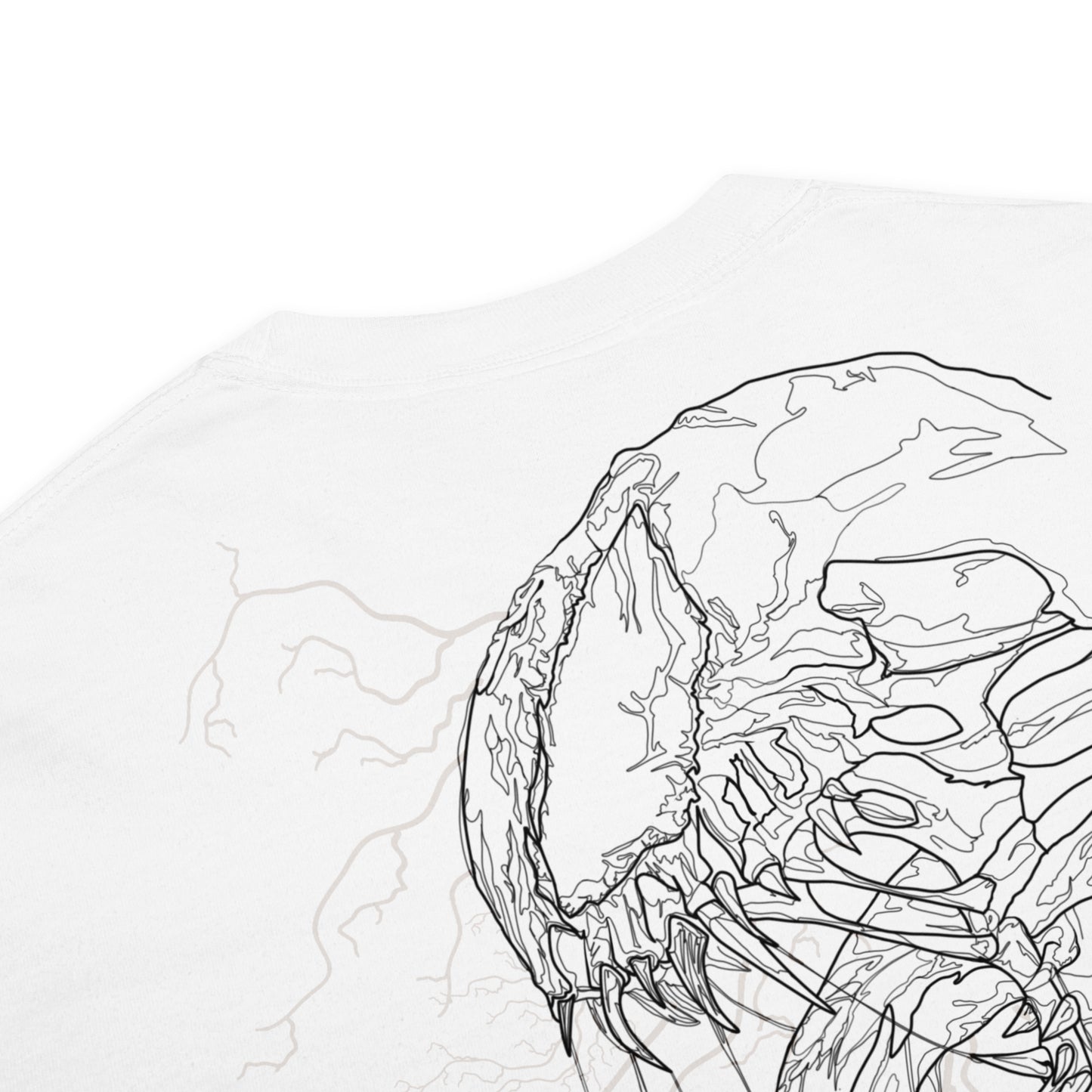 Hand-drawn technical profile of a Venom-inspired monster symbiote anti-hero design printed on a standard t-shirt.