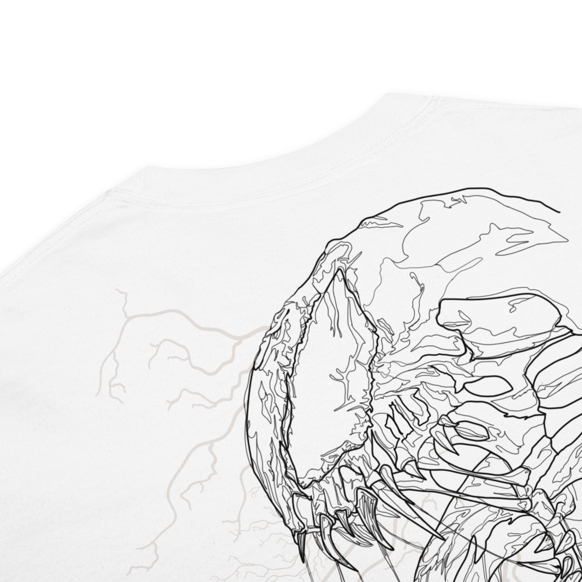 Hand-drawn technical profile of a Venom-inspired monster symbiote anti-hero design printed on a standard t-shirt.