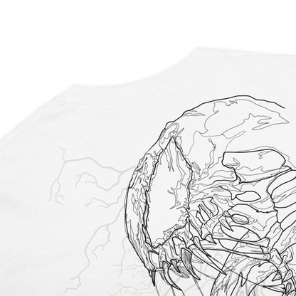 Hand-drawn technical profile of a Venom-inspired monster symbiote anti-hero design printed on a standard t-shirt.