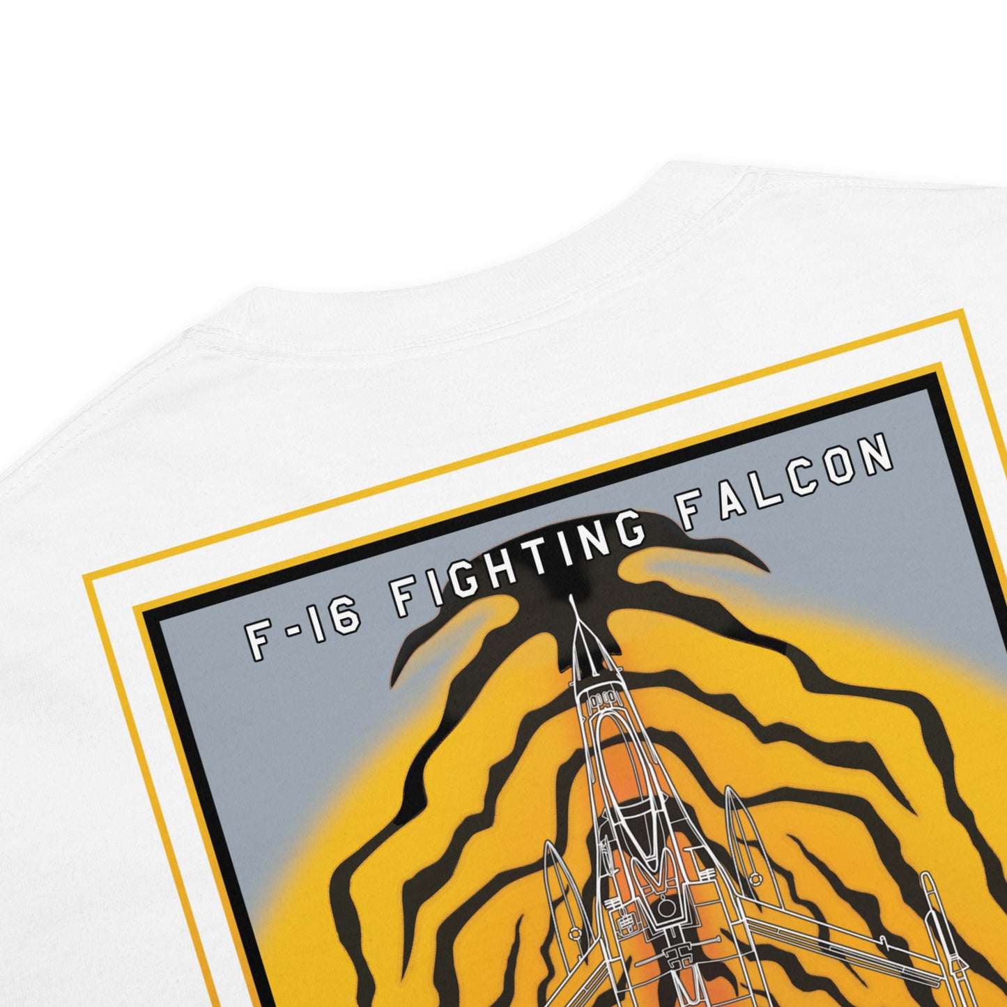 Hand-drawn schematic of the F-16 Belgian Air Force 31st Tiger Squadron 65th Anniversary livery on a standard t-shirt.