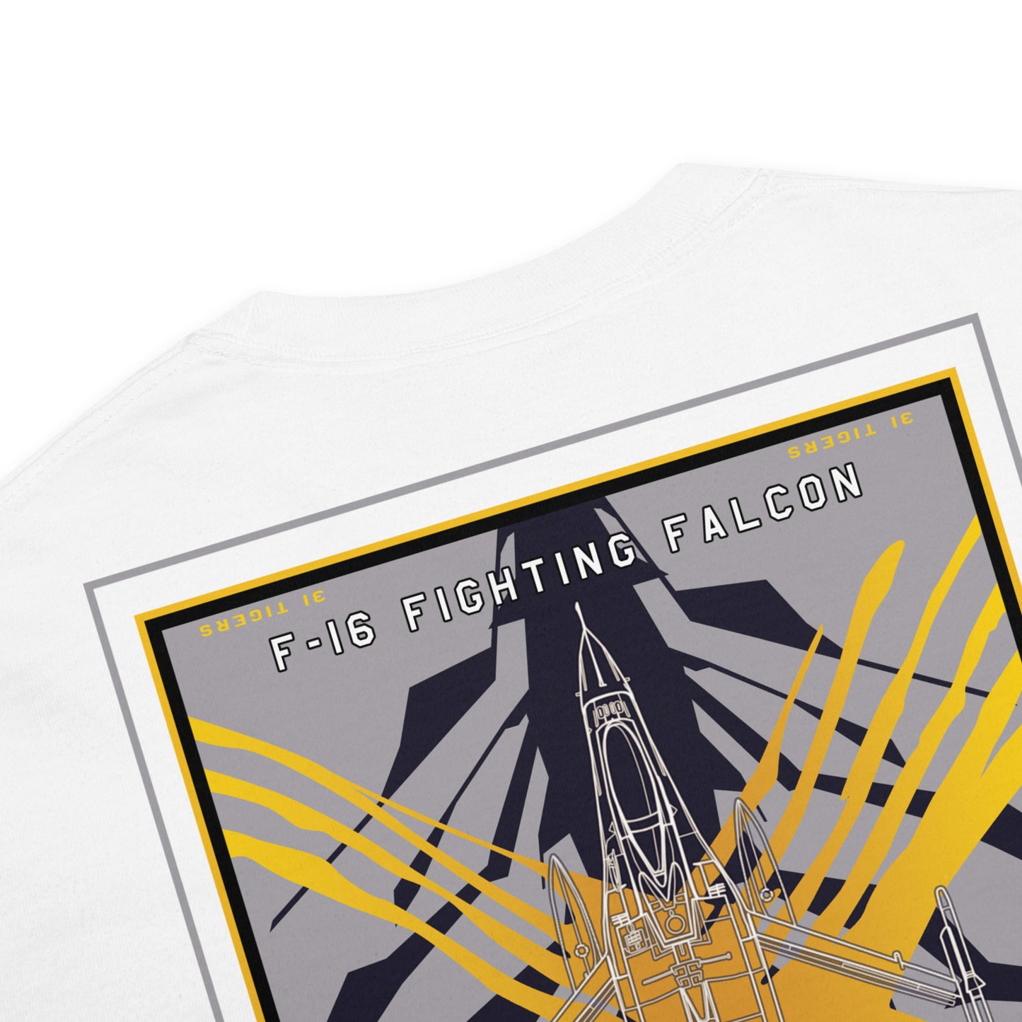 Hand-drawn schematic of the F-16 Fighting Falcon Belgian Air Force 31st X-Tiger camouflage on a standard t-shirt.