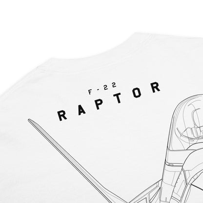 Hand-drawn technical study of the Lockheed Martin F-22 Raptor front canopy and nose section on a standard t-shirt.