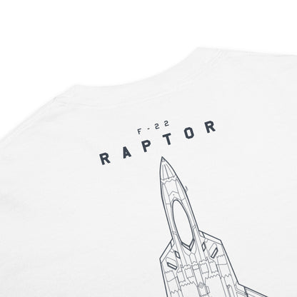 Hand-drawn full schematic of the Lockheed Martin F-22 Raptor printed on a standard t-shirt.