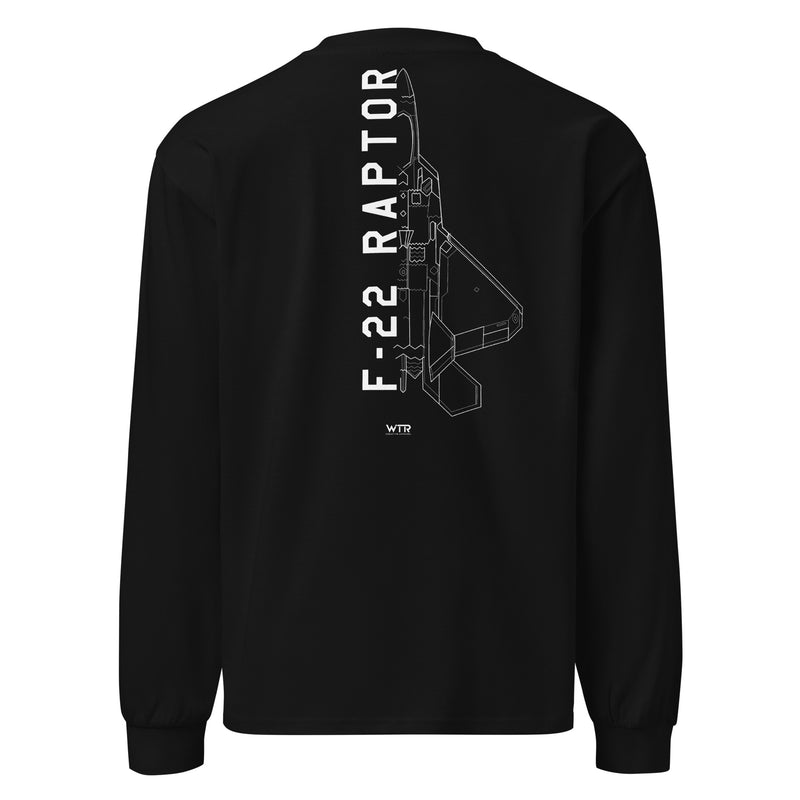Hand-drawn schematic of the LOCKHEED MARTIN F-22 RAPTOR printed on a standard long sleeve T-shirt.