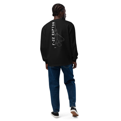 Hand-drawn schematic of the LOCKHEED MARTIN F-22 RAPTOR printed on a standard long sleeve T-shirt.