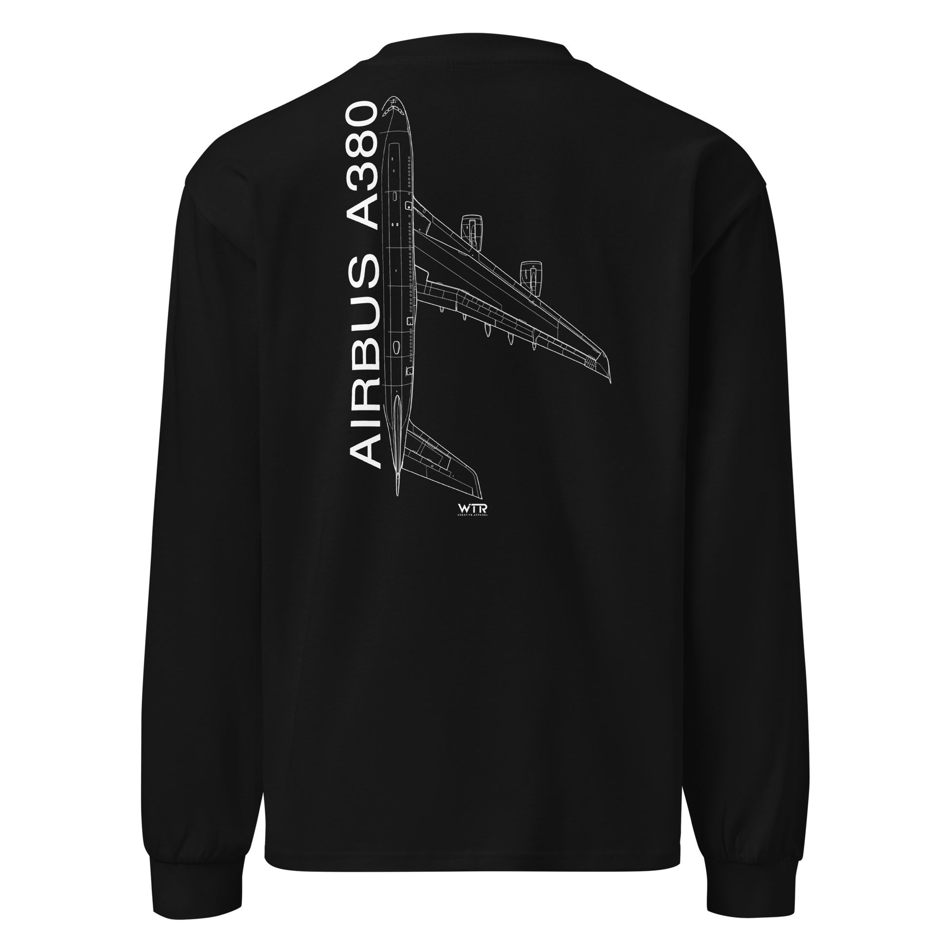 Hand-drawn technical schematic of the Airbus A380 SuperJumbo airliner printed on a premium-weight long-sleeve t-shirt.
