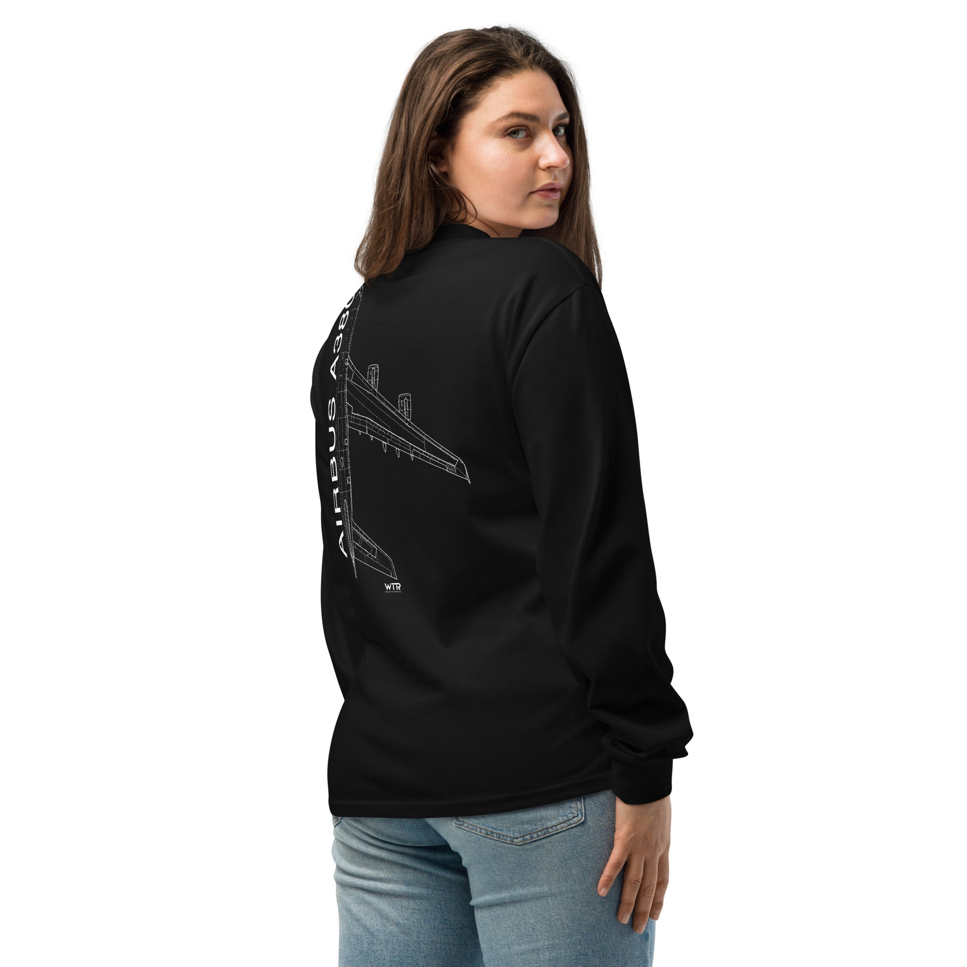 Hand-drawn technical schematic of the Airbus A380 SuperJumbo airliner printed on a premium-weight long-sleeve t-shirt.