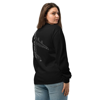 Hand-drawn technical schematic of the Airbus A380 SuperJumbo airliner printed on a premium-weight long-sleeve t-shirt.