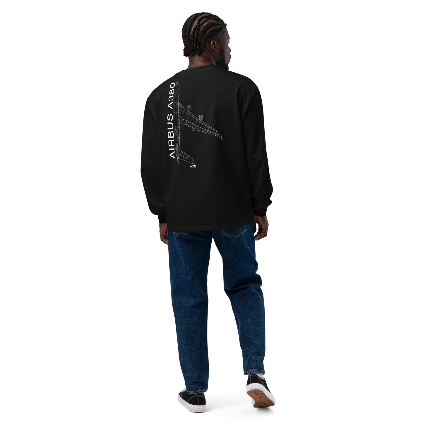 Hand-drawn technical schematic of the Airbus A380 SuperJumbo airliner printed on a premium-weight long-sleeve t-shirt.