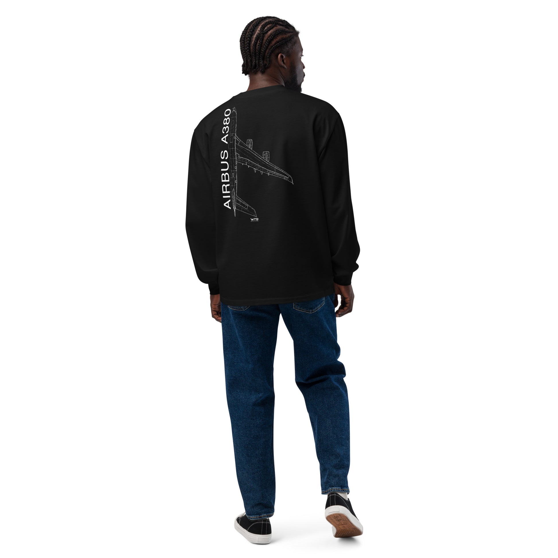 Hand-drawn technical schematic of the Airbus A380 SuperJumbo airliner printed on a premium-weight long-sleeve t-shirt.