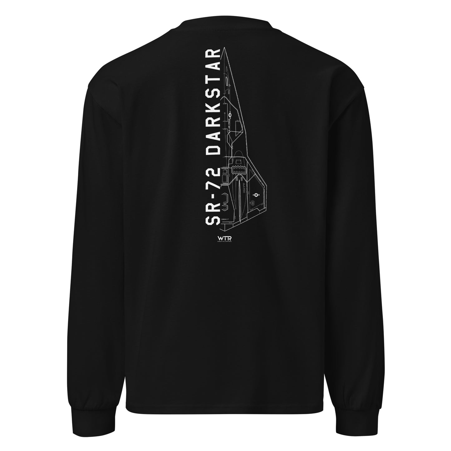 Hand-drawn schematic of the Lockheed Martin Skunk Works SR-72 Darkstar printed on a premium long-sleeve t-shirt.