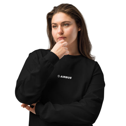 Hand-drawn technical schematic of the Airbus A380 SuperJumbo airliner printed on a premium-weight long-sleeve t-shirt.