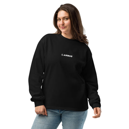 Hand-drawn technical schematic of the Airbus A380 SuperJumbo airliner printed on a premium-weight long-sleeve t-shirt.