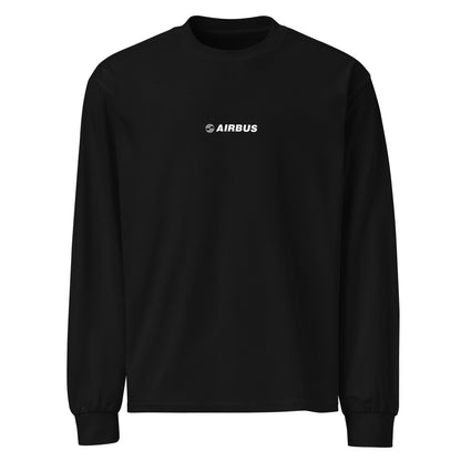 Hand-drawn technical schematic of the Airbus A380 SuperJumbo airliner printed on a premium-weight long-sleeve t-shirt.