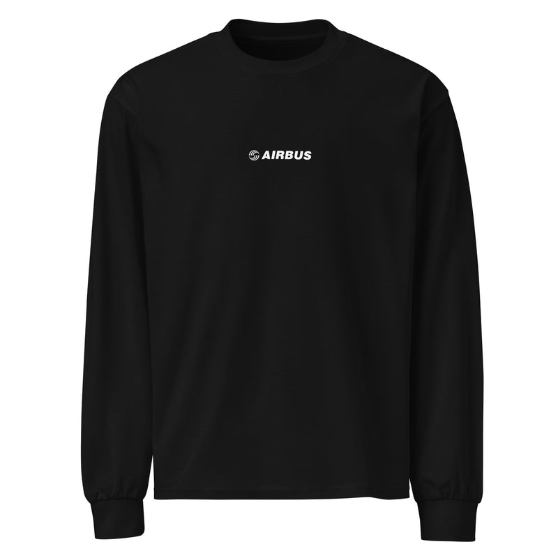 Hand-drawn technical schematic of the Airbus A380 SuperJumbo airliner printed on a premium-weight long-sleeve t-shirt.
