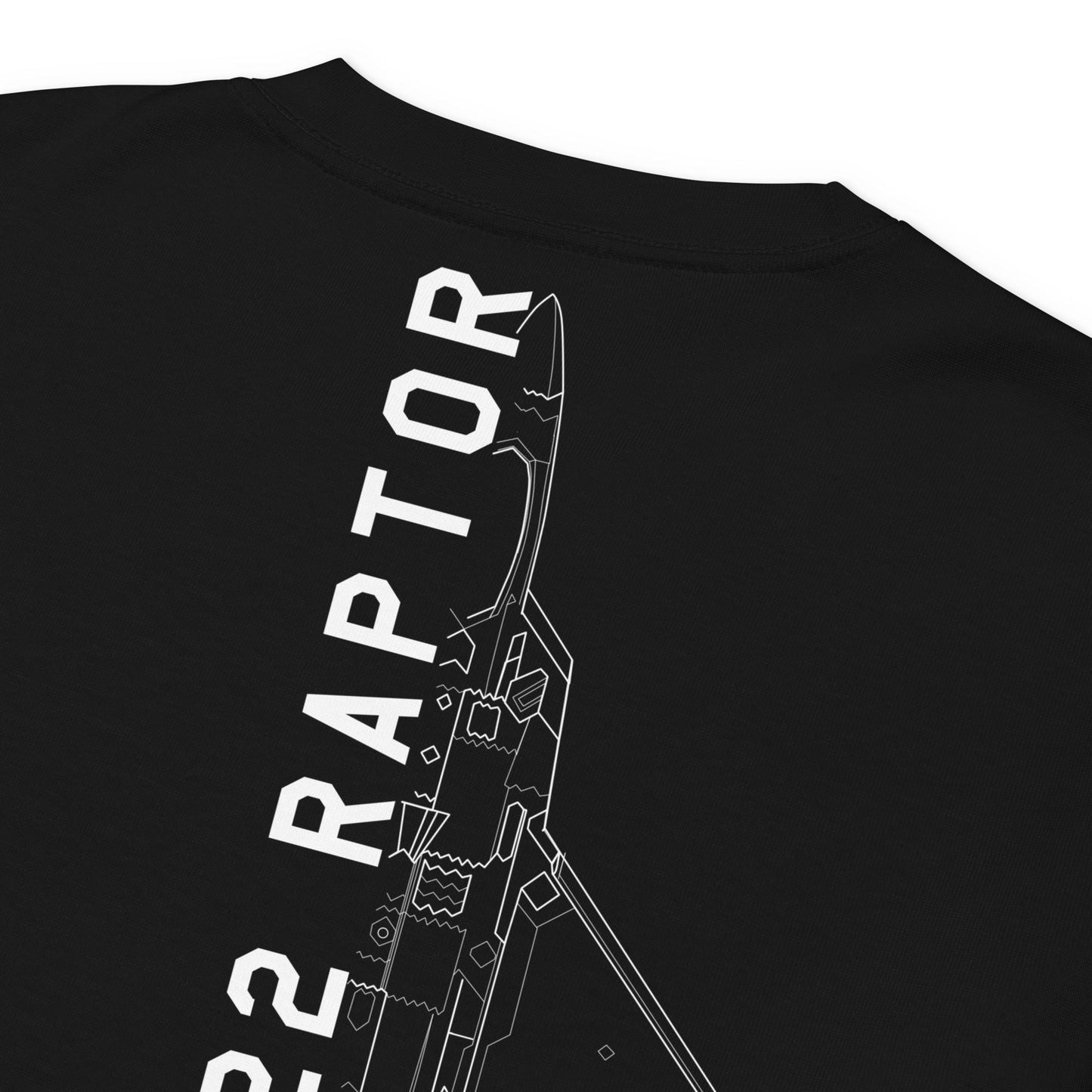 Hand-drawn schematic of the LOCKHEED MARTIN F-22 RAPTOR printed on a standard long sleeve T-shirt.