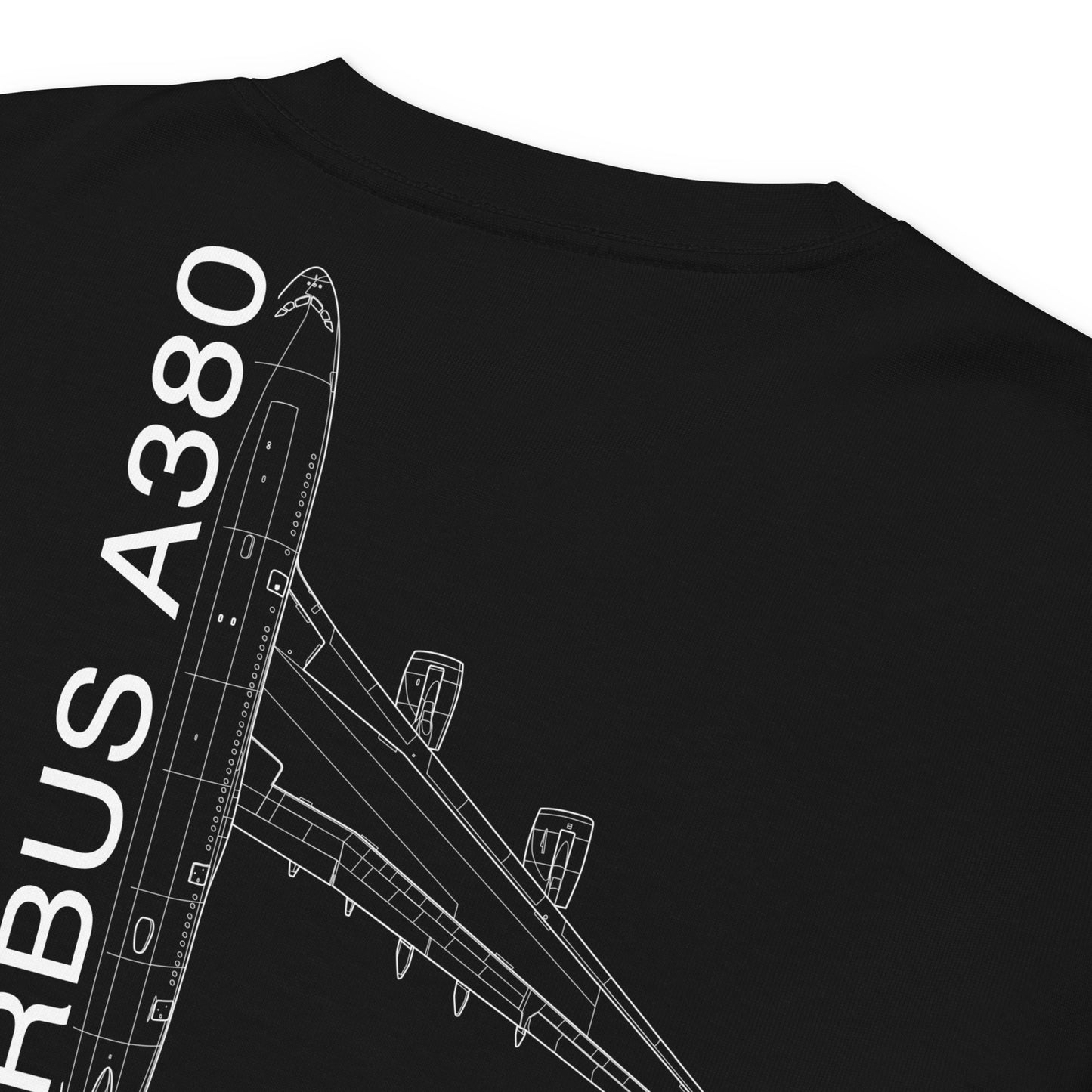 Hand-drawn technical schematic of the Airbus A380 SuperJumbo airliner printed on a premium-weight long-sleeve t-shirt.