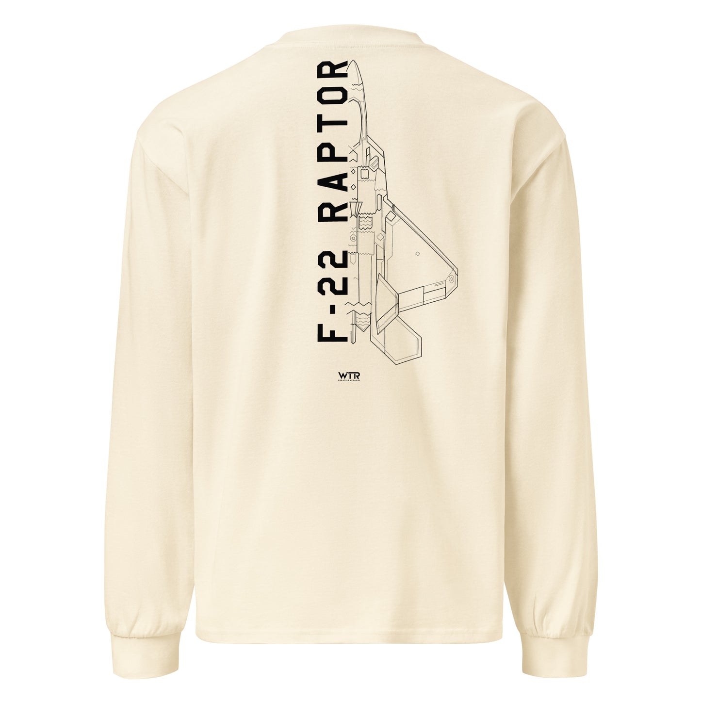 Hand-drawn schematic of the LOCKHEED MARTIN F-22 RAPTOR printed on a standard long sleeve T-shirt.